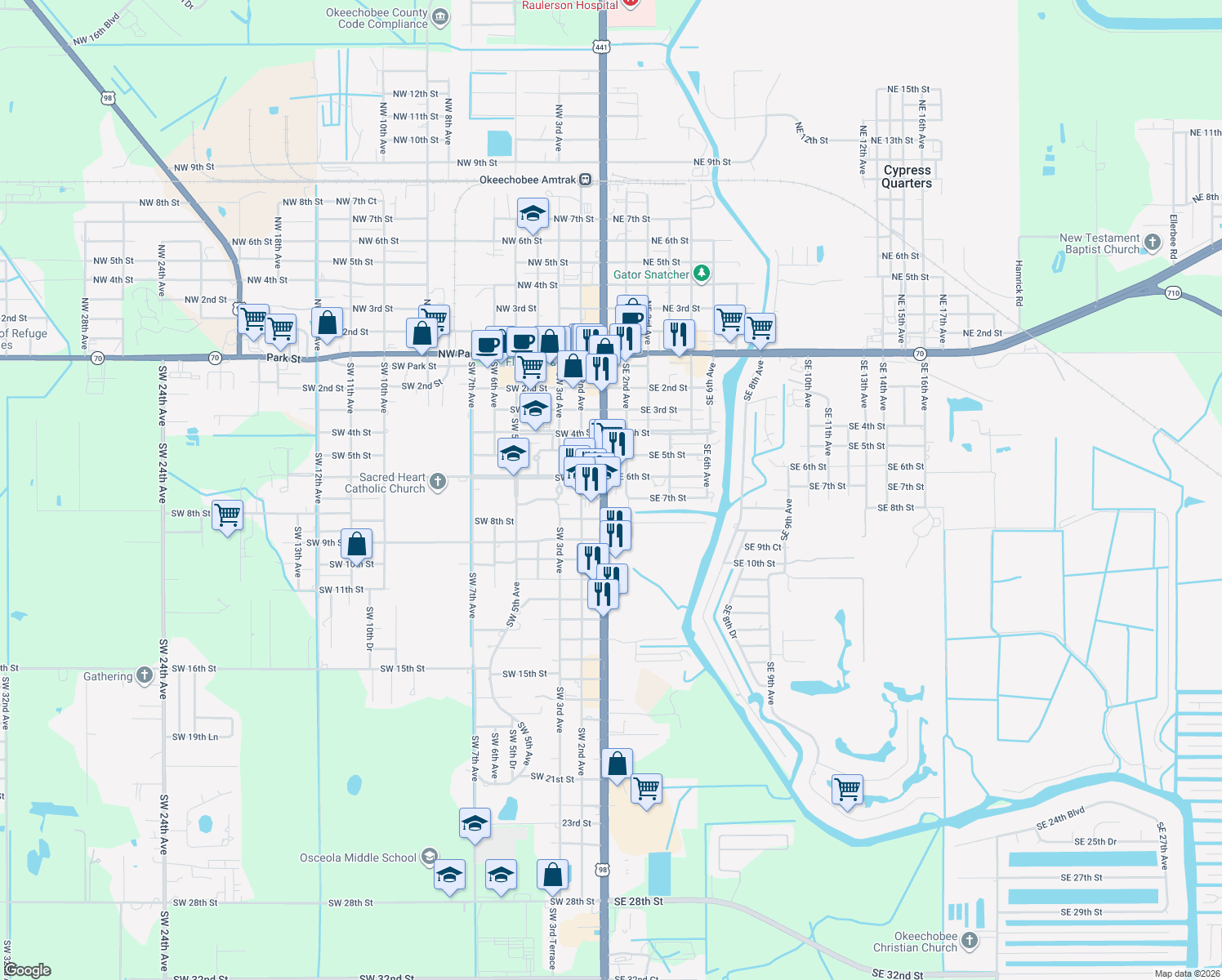 map of restaurants, bars, coffee shops, grocery stores, and more near 701 South Parrott Avenue in Okeechobee