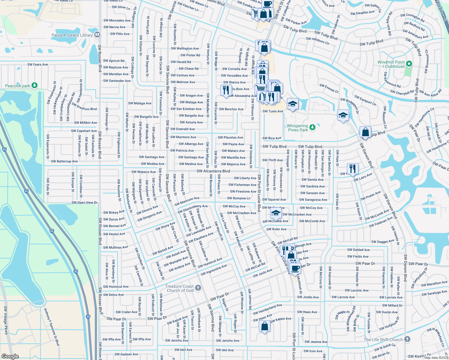 map of restaurants, bars, coffee shops, grocery stores, and more near 1074 SW Liberty Ave in Port St Lucie