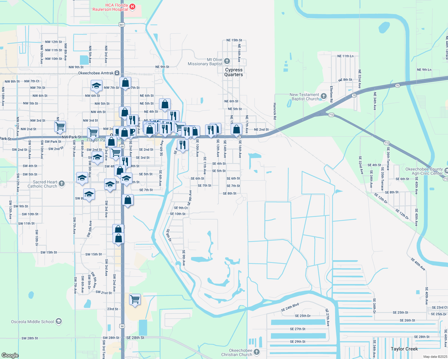 map of restaurants, bars, coffee shops, grocery stores, and more near 639 Southeast 14th Avenue in Okeechobee