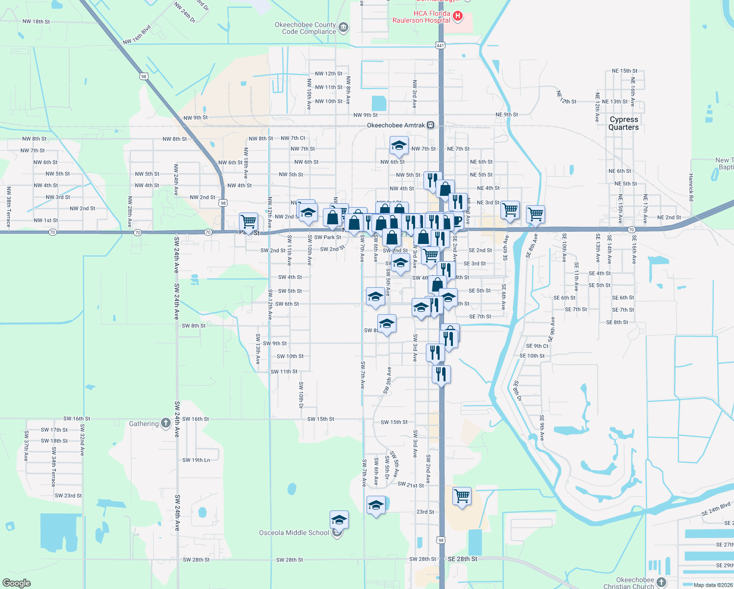 map of restaurants, bars, coffee shops, grocery stores, and more near 615 Southwest 5th Street in Okeechobee