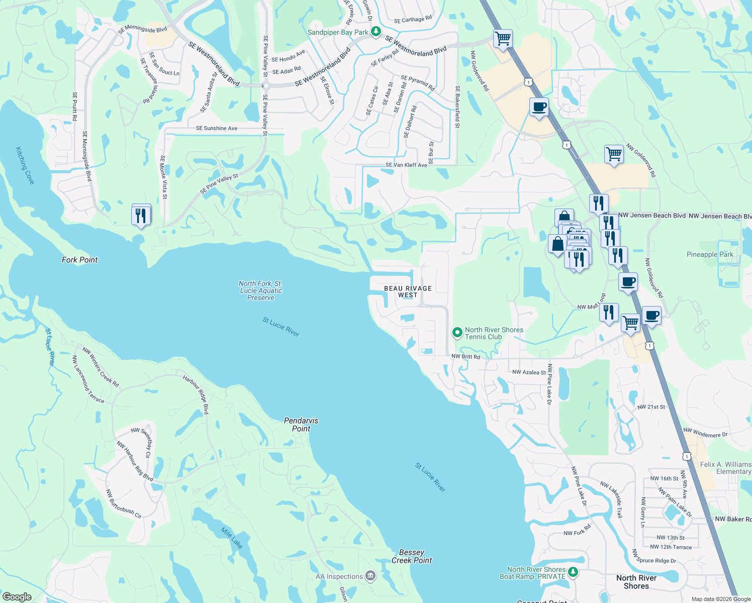 map of restaurants, bars, coffee shops, grocery stores, and more near 2683 South Shore Road in Stuart