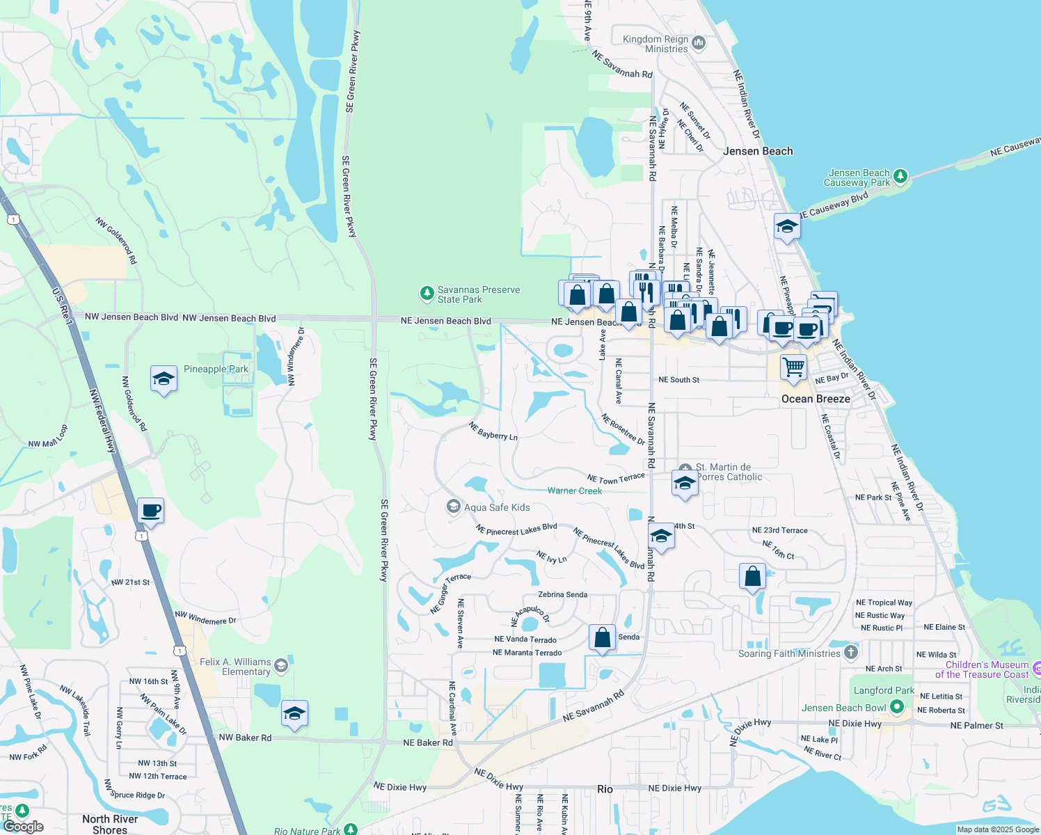 map of restaurants, bars, coffee shops, grocery stores, and more near 471 Northeast Town Terrace in Jensen Beach