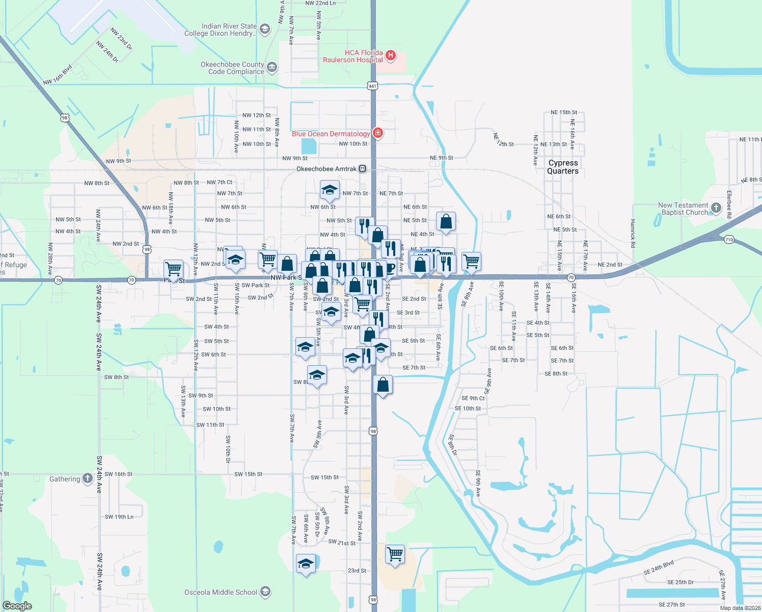 map of restaurants, bars, coffee shops, grocery stores, and more near 203 South Parrott Avenue in Okeechobee