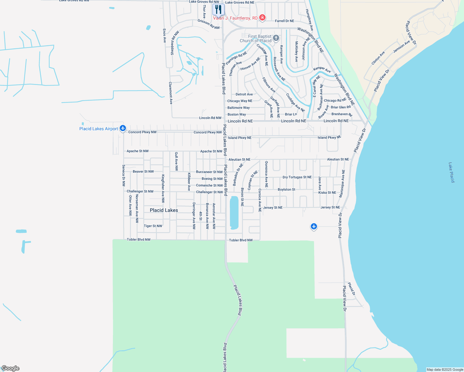 map of restaurants, bars, coffee shops, grocery stores, and more near 231 Barbados Drive Northeast in Lake Placid