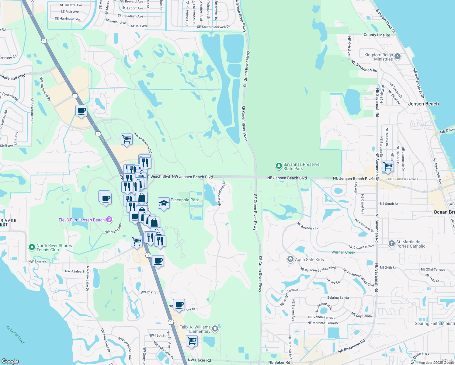 map of restaurants, bars, coffee shops, grocery stores, and more near 387 Northwest Bayonet Place in Jensen Beach