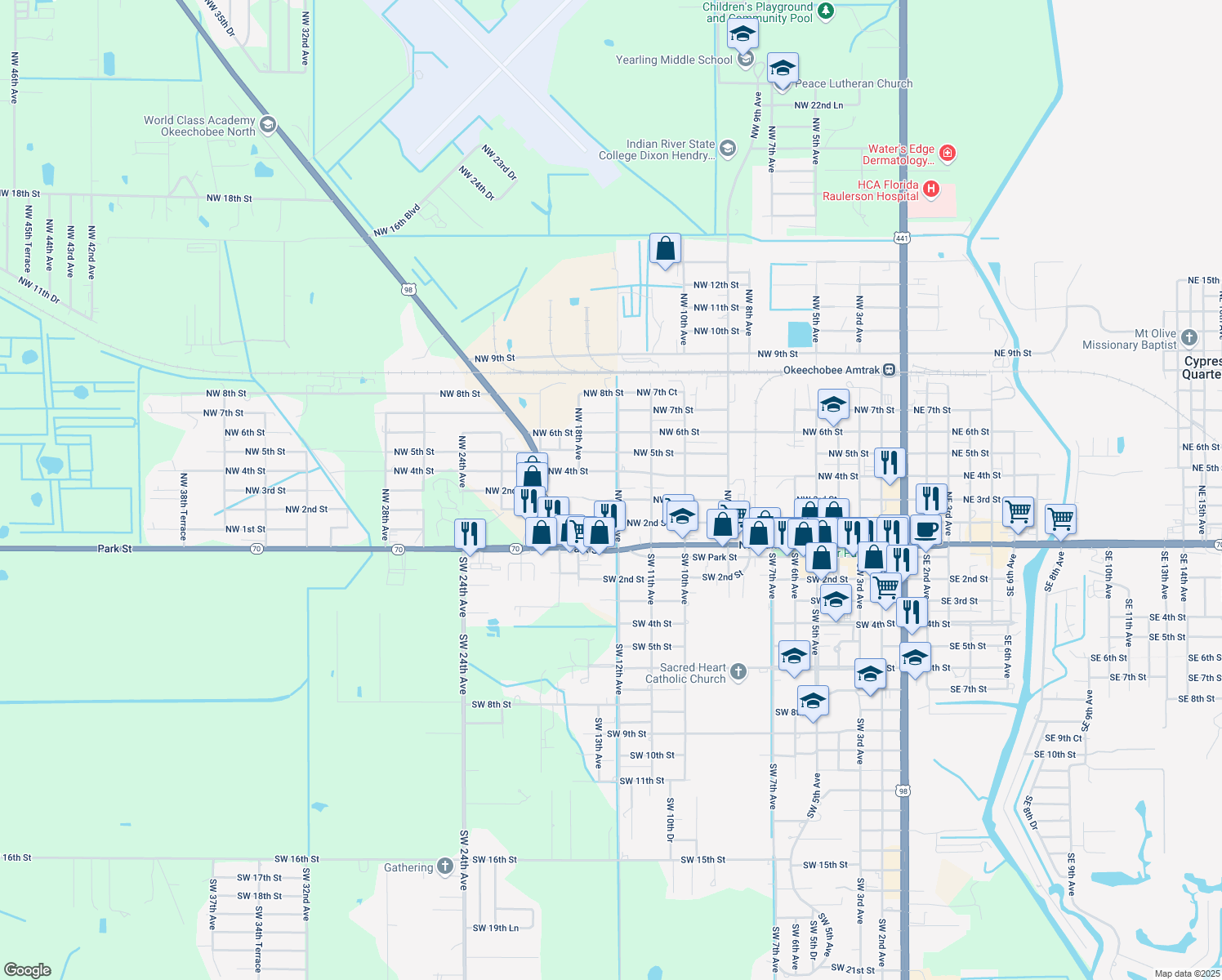 map of restaurants, bars, coffee shops, grocery stores, and more near 325 NW 12th Ave in Okeechobee