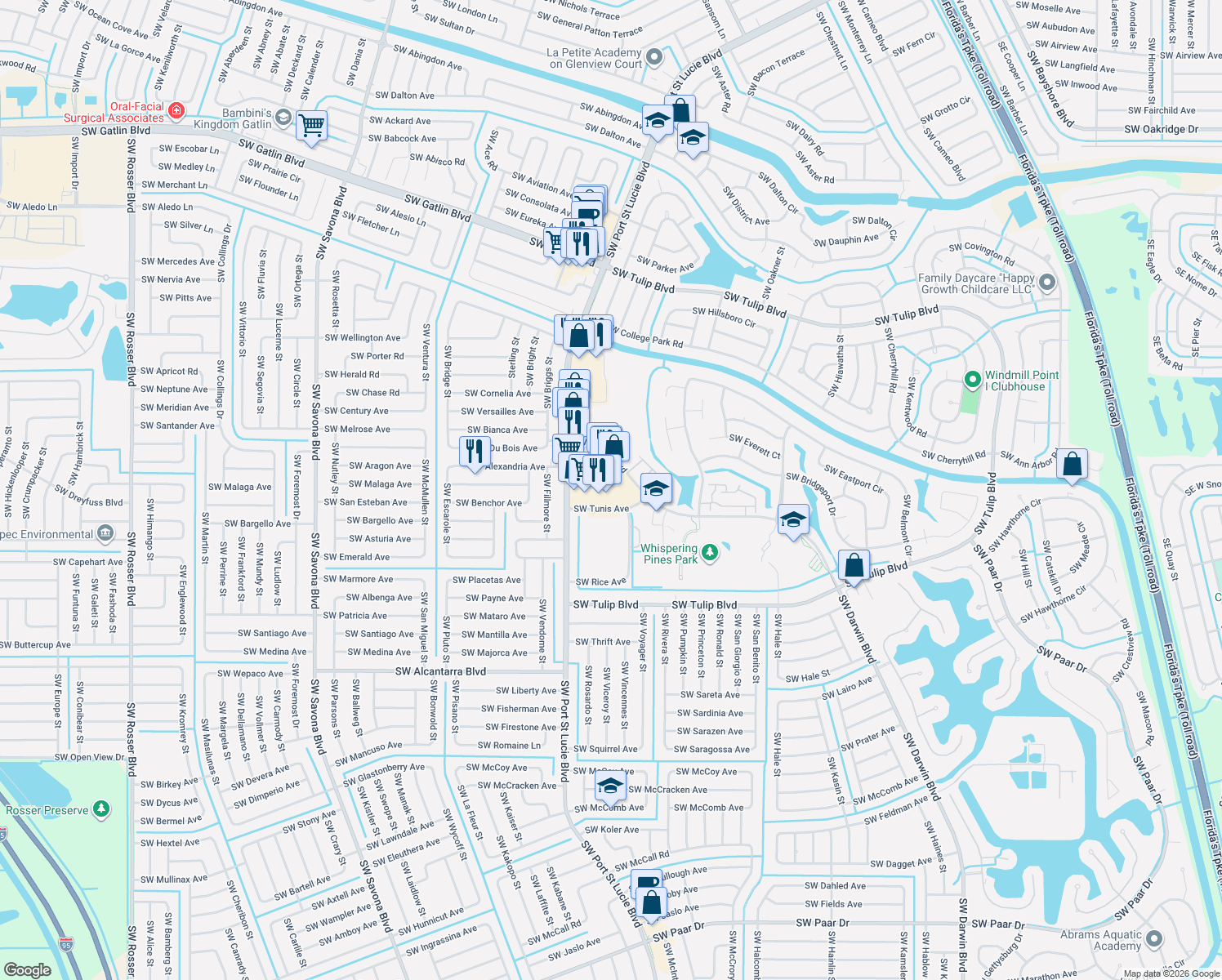 map of restaurants, bars, coffee shops, grocery stores, and more near 991 Southwest Tunis Avenue in Port Saint Lucie