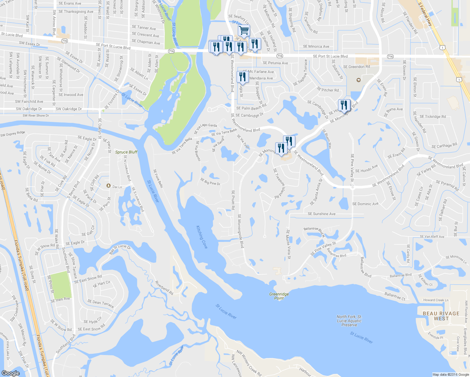 map of restaurants, bars, coffee shops, grocery stores, and more near 2983 SE Pruitt Rd in Port St Lucie