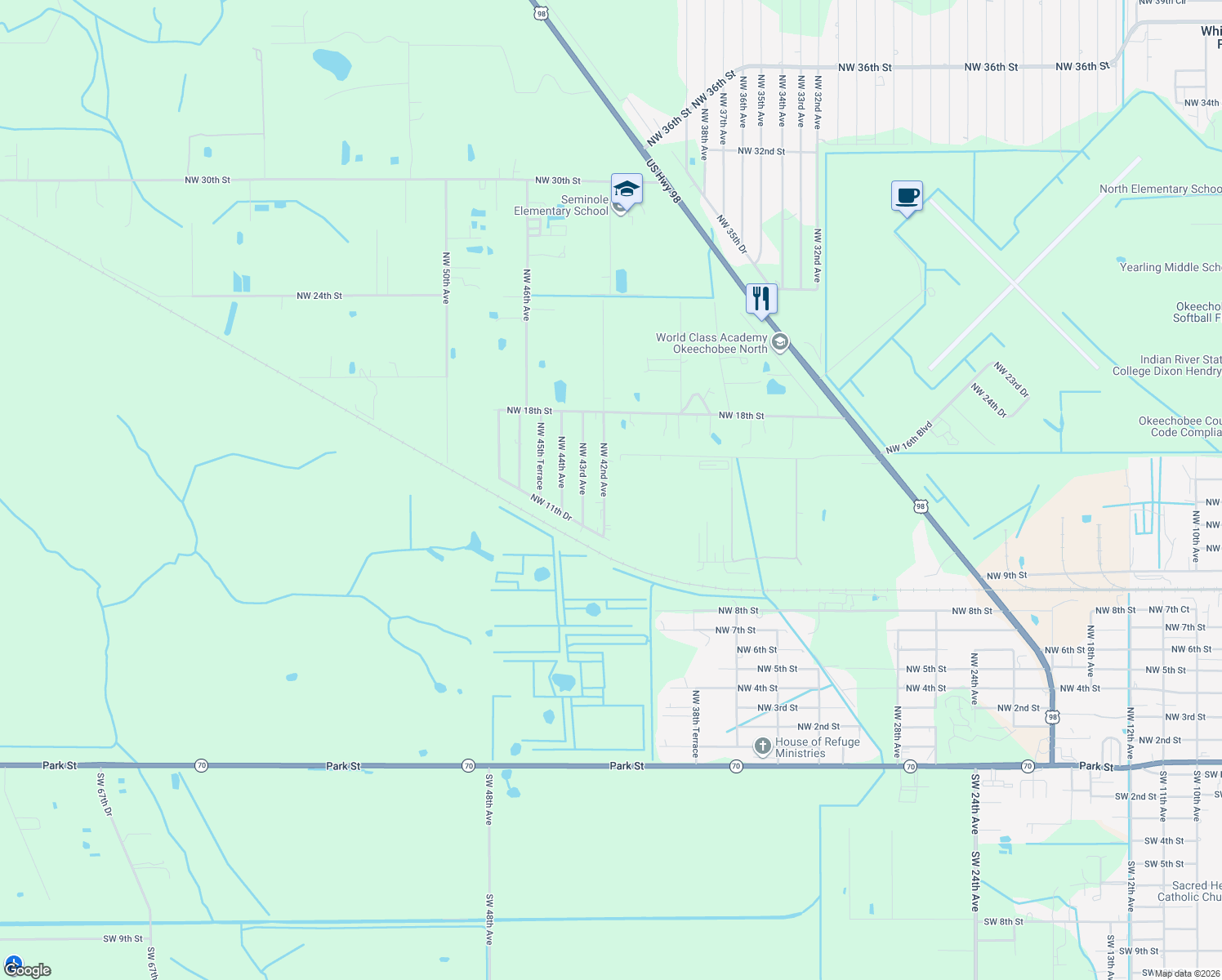 map of restaurants, bars, coffee shops, grocery stores, and more near 1402 Northwest 42nd Avenue in Okeechobee