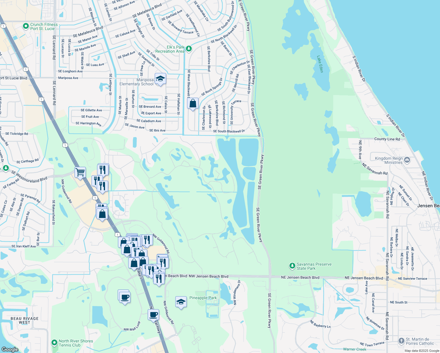 map of restaurants, bars, coffee shops, grocery stores, and more near 4353 Northwest Oak Branch Court in Jensen Beach