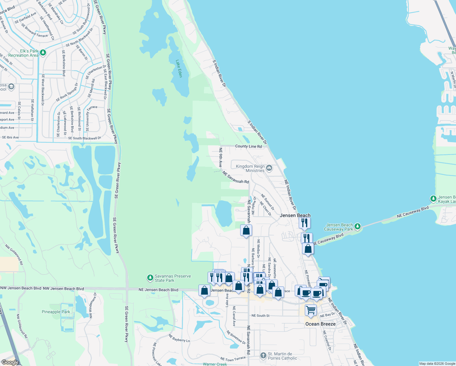 map of restaurants, bars, coffee shops, grocery stores, and more near 4366 Northeast Savannah Road in Jensen Beach