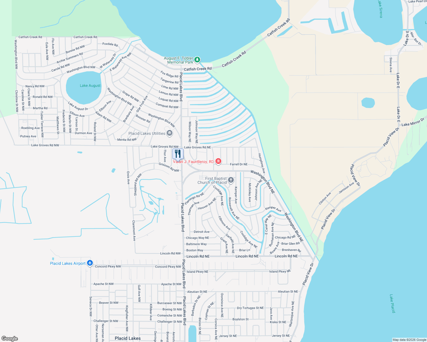 map of restaurants, bars, coffee shops, grocery stores, and more near 362 Washington Blvd NE in Lake Placid