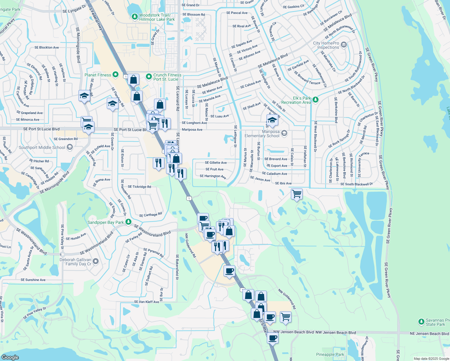 map of restaurants, bars, coffee shops, grocery stores, and more near 2398 Southeast Harrington Avenue in Port St. Lucie