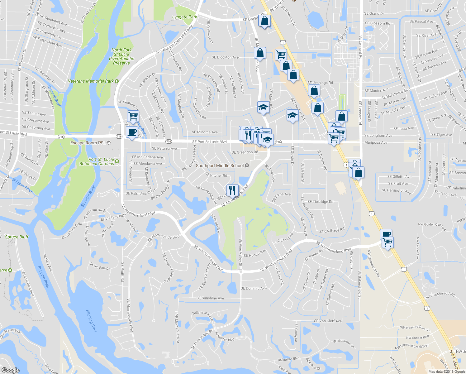 map of restaurants, bars, coffee shops, grocery stores, and more near 1649 Southeast Holiday Road in Port St. Lucie