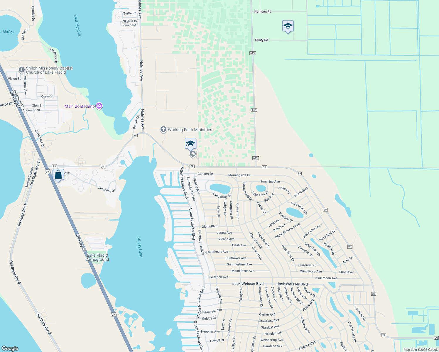 map of restaurants, bars, coffee shops, grocery stores, and more near 716 Concert Drive in Lake Placid