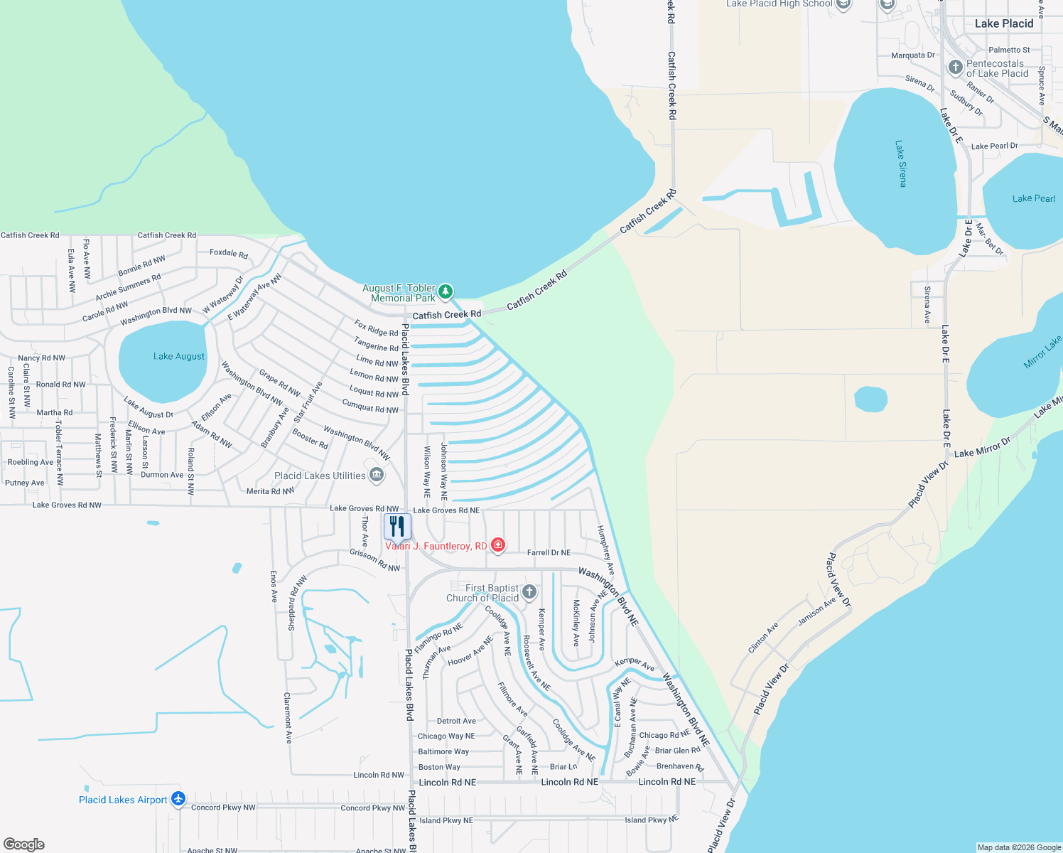 map of restaurants, bars, coffee shops, grocery stores, and more near 144 Citrus Road Northeast in Lake Placid
