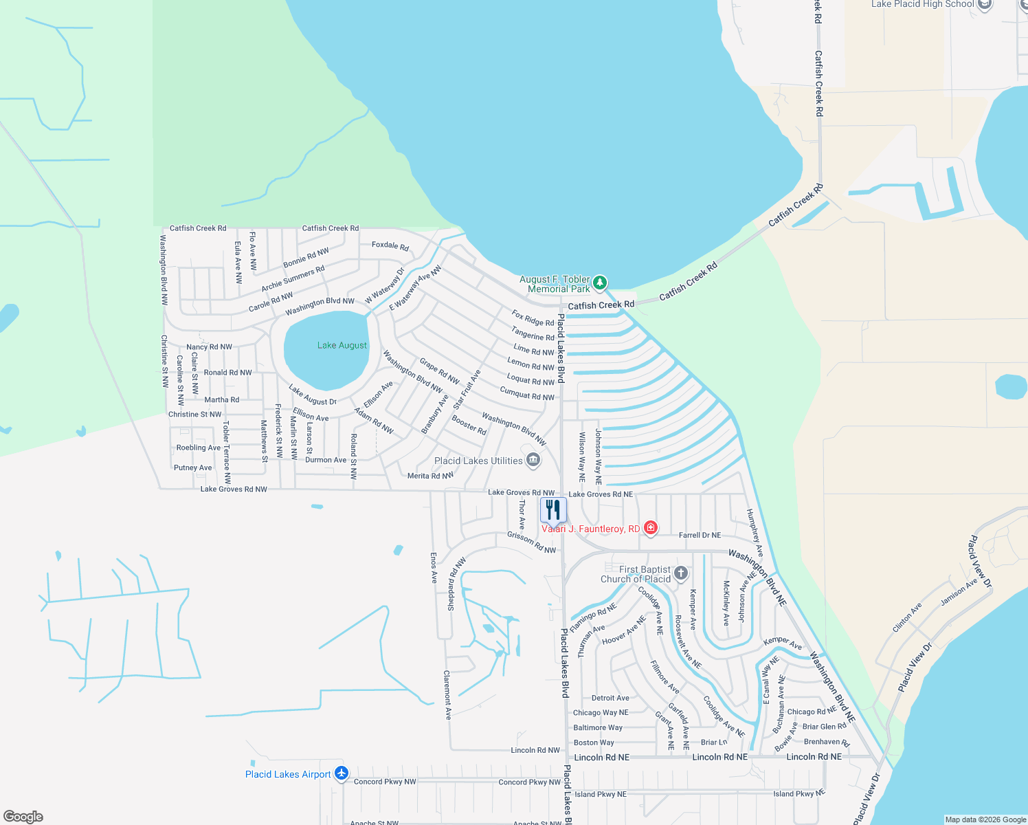 map of restaurants, bars, coffee shops, grocery stores, and more near 112 Grape Road Northwest in Lake Placid
