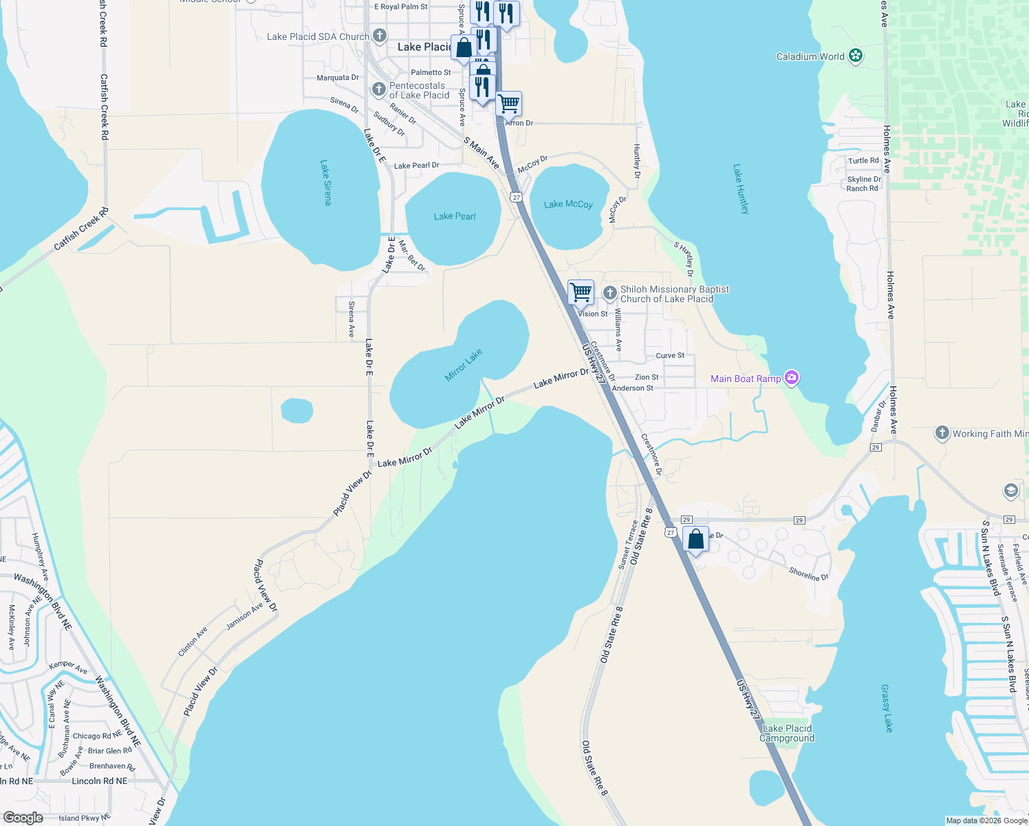 map of restaurants, bars, coffee shops, grocery stores, and more near 246 Lake Mirror Drive in Lake Placid