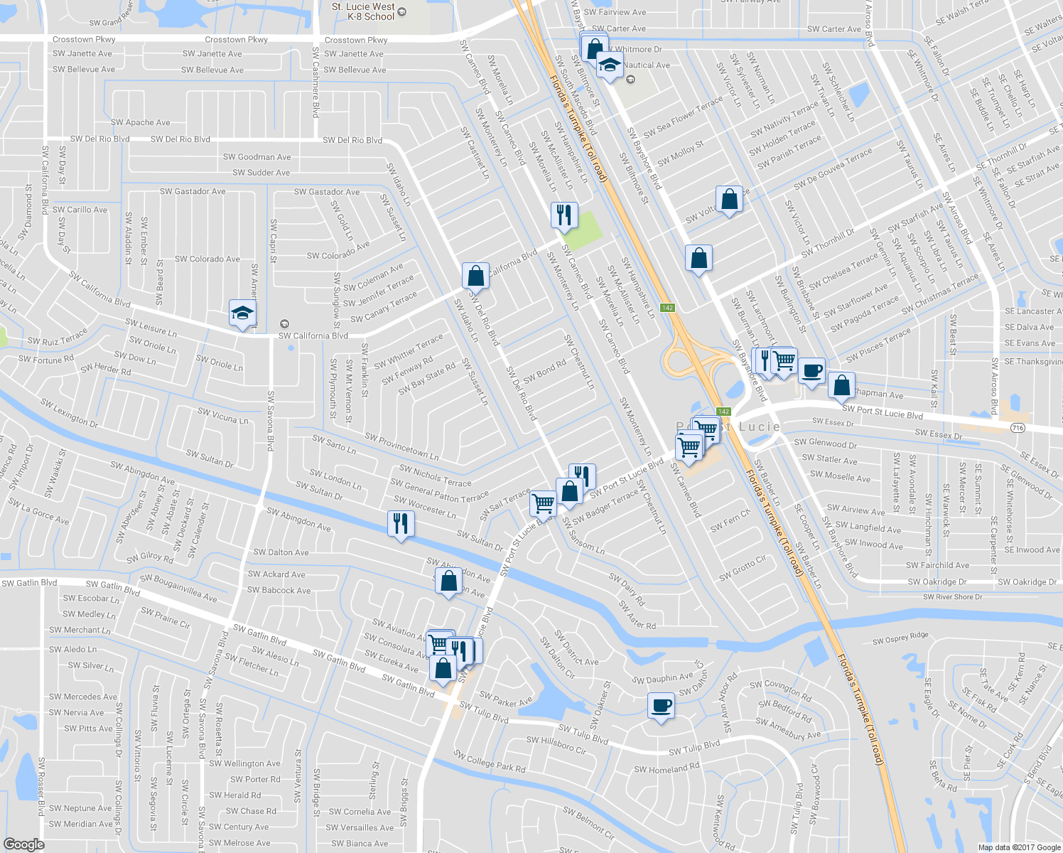 map of restaurants, bars, coffee shops, grocery stores, and more near 802 SW Del Rio Blvd in Port St Lucie