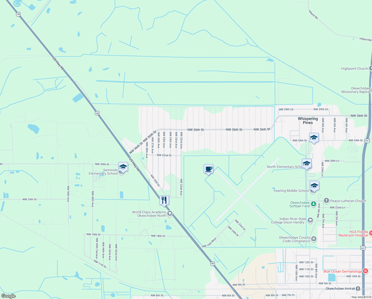 map of restaurants, bars, coffee shops, grocery stores, and more near 3269 Northwest 31st Avenue in Okeechobee