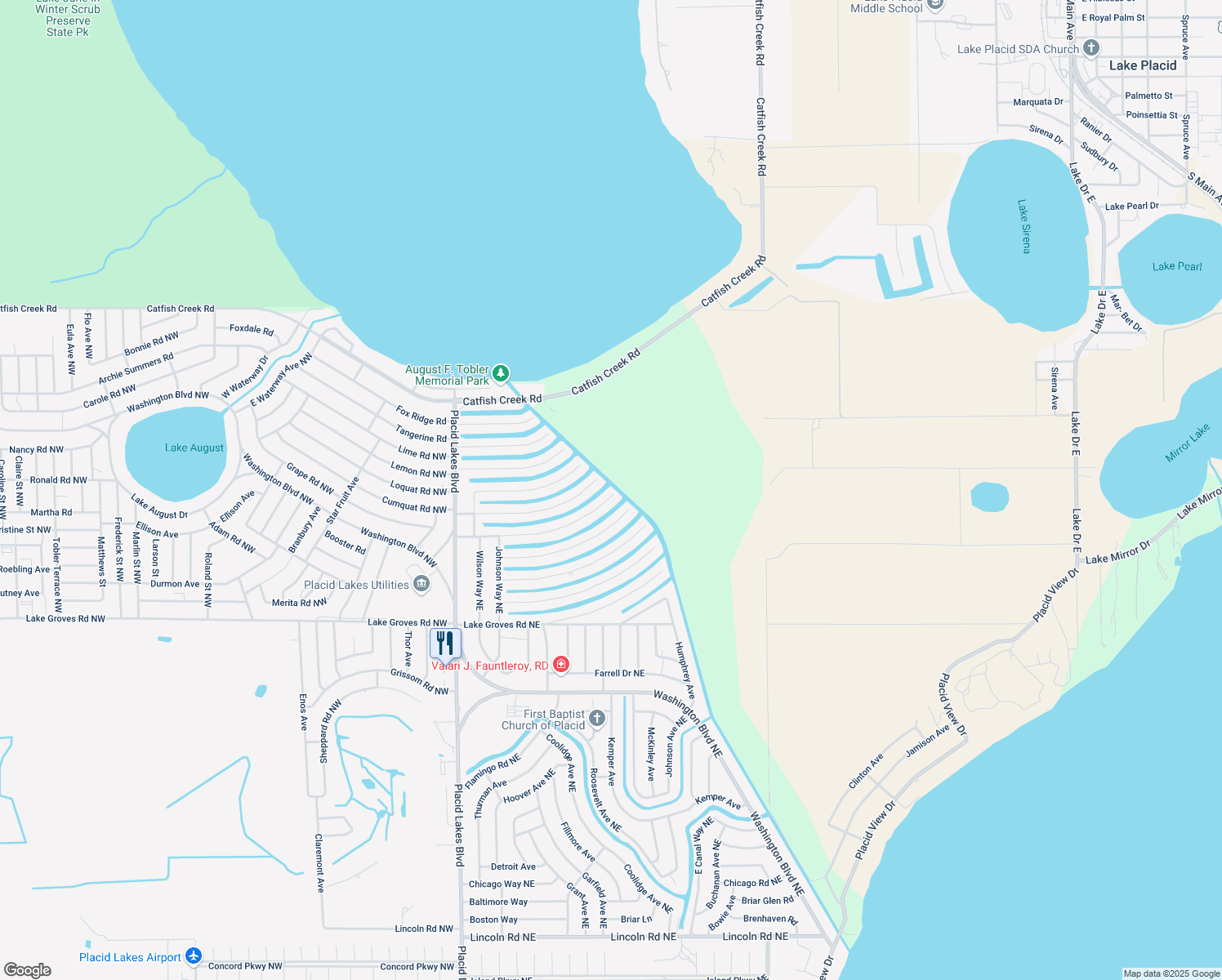 map of restaurants, bars, coffee shops, grocery stores, and more near 382 Anderson St NE in Lake Placid