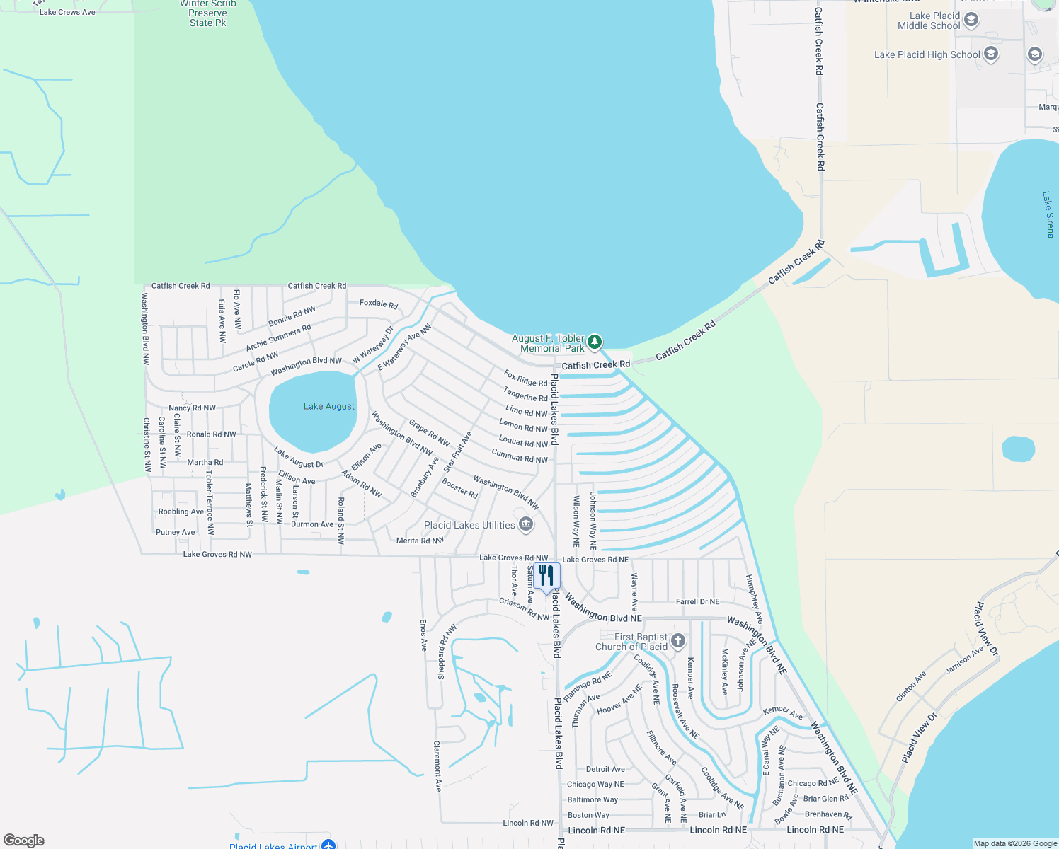 map of restaurants, bars, coffee shops, grocery stores, and more near 111 Lemon Road Northwest in Lake Placid
