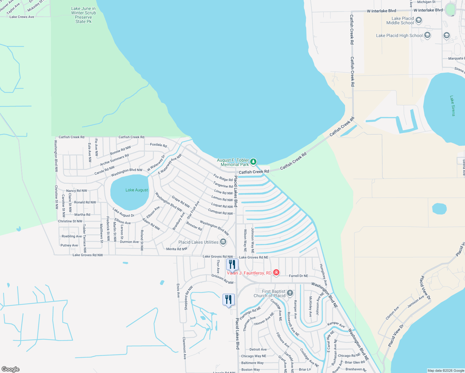 map of restaurants, bars, coffee shops, grocery stores, and more near 111 Tangerine Rd in Lake Placid
