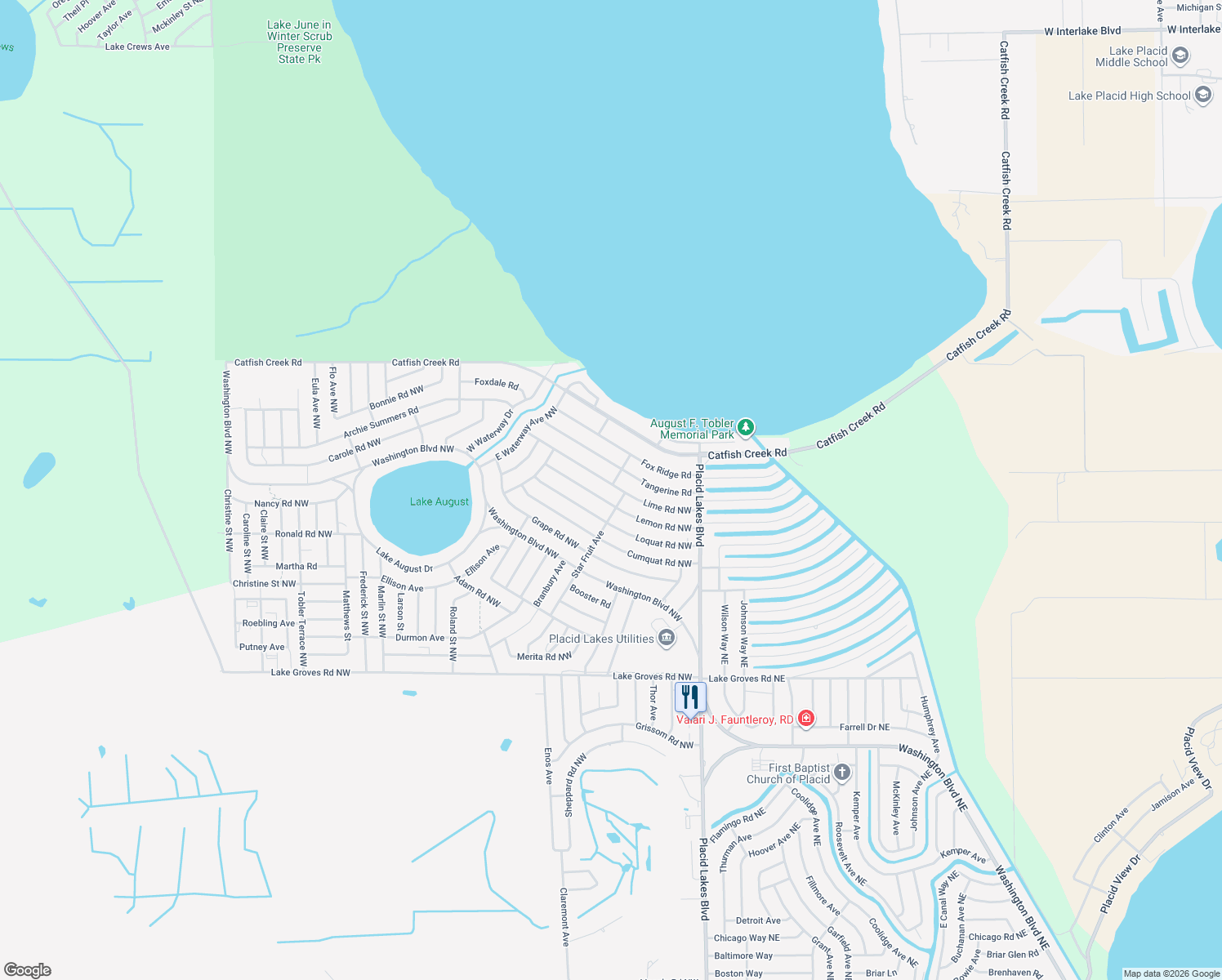 map of restaurants, bars, coffee shops, grocery stores, and more near 238 Lime Road Northwest in Lake Placid