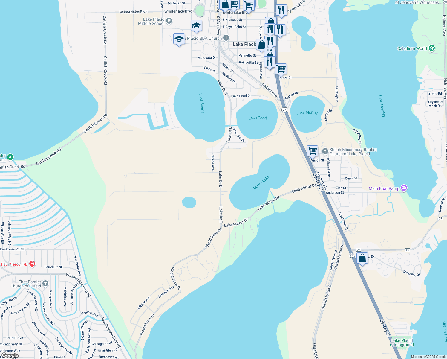 map of restaurants, bars, coffee shops, grocery stores, and more near 995 Lake Drive East in Lake Placid