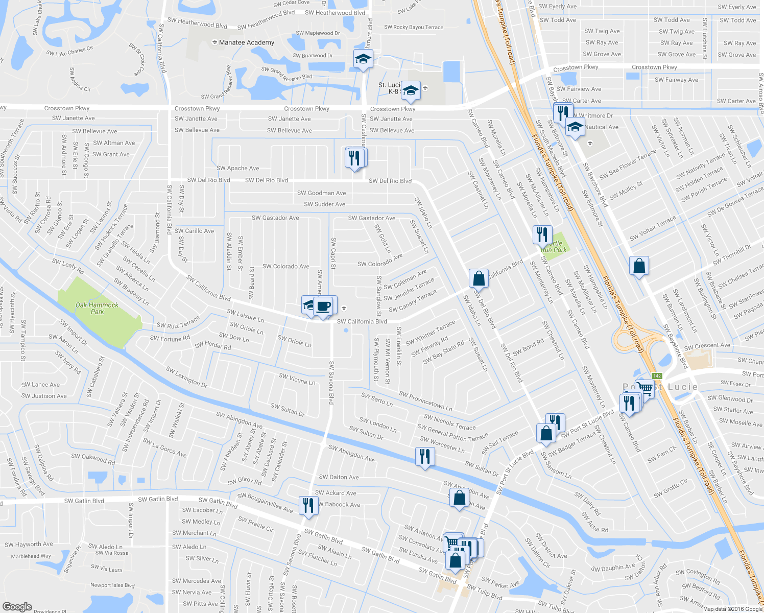 map of restaurants, bars, coffee shops, grocery stores, and more near 1085 Southwest Canary Terrace in Port St. Lucie