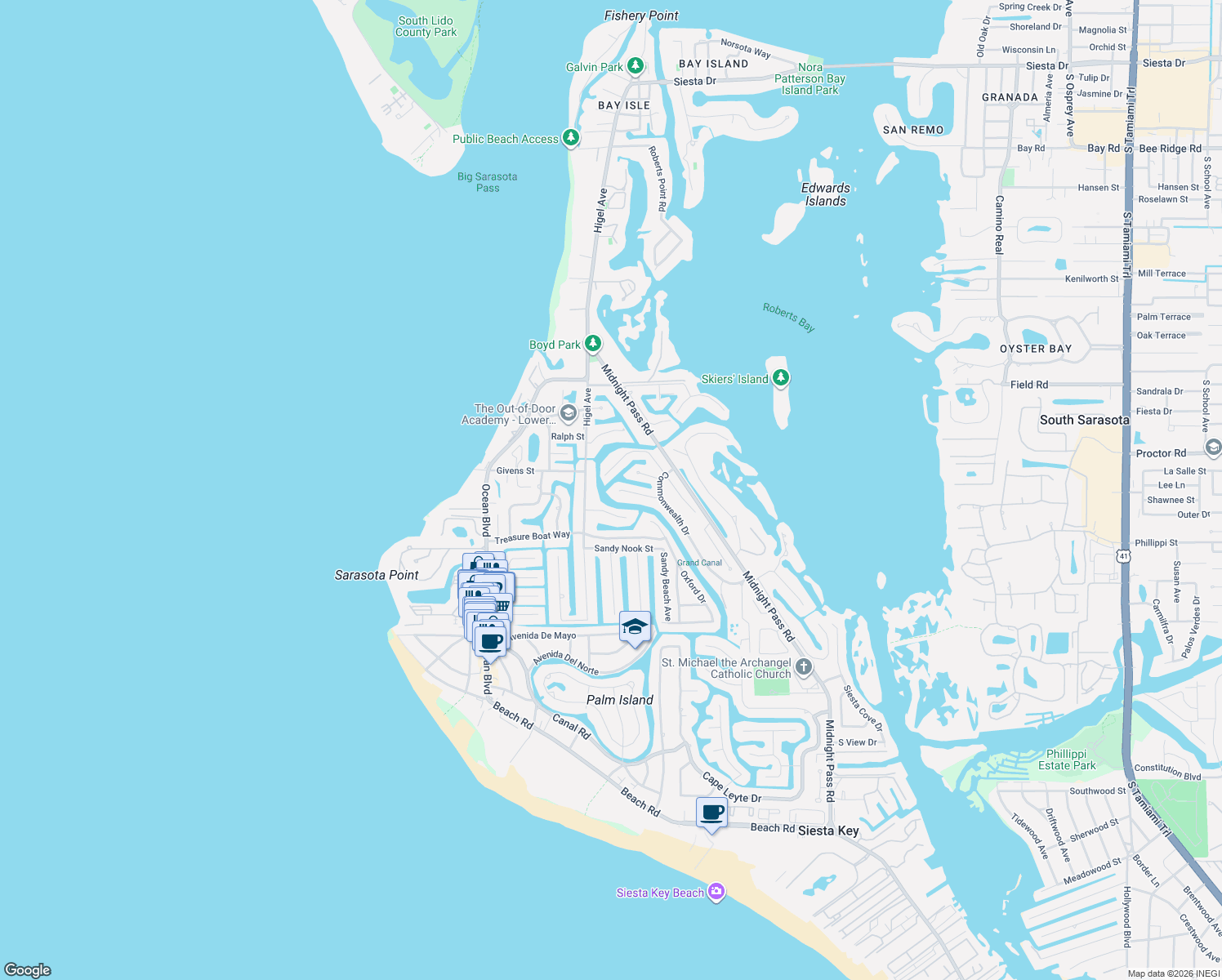 map of restaurants, bars, coffee shops, grocery stores, and more near 4807 Higel Avenue in Siesta Key