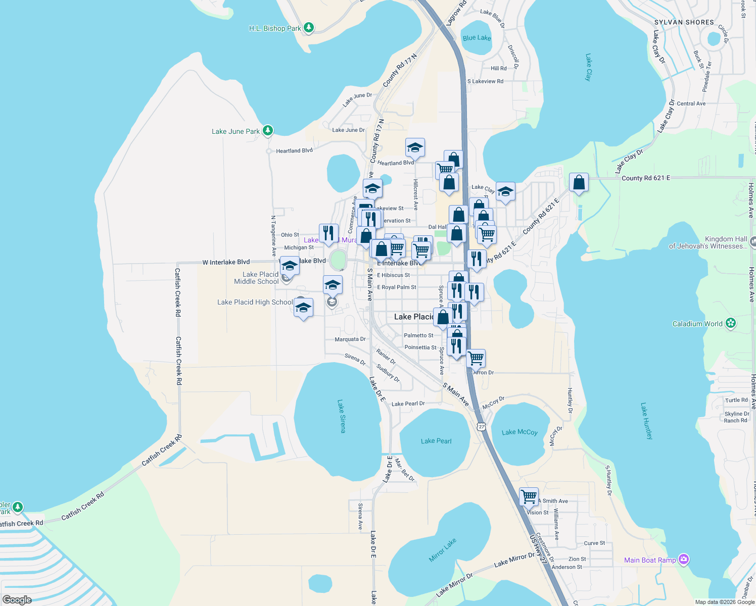 map of restaurants, bars, coffee shops, grocery stores, and more near 8 East Washingtonia Street in Lake Placid