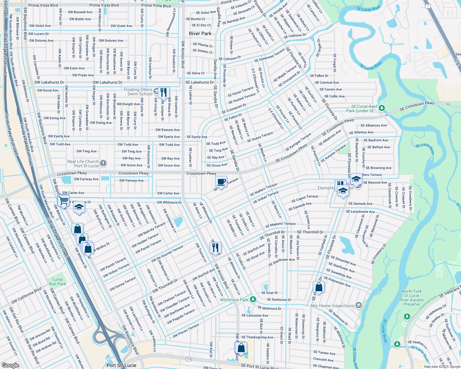 map of restaurants, bars, coffee shops, grocery stores, and more near 316 Southeast Walsh Terrace in Port St. Lucie