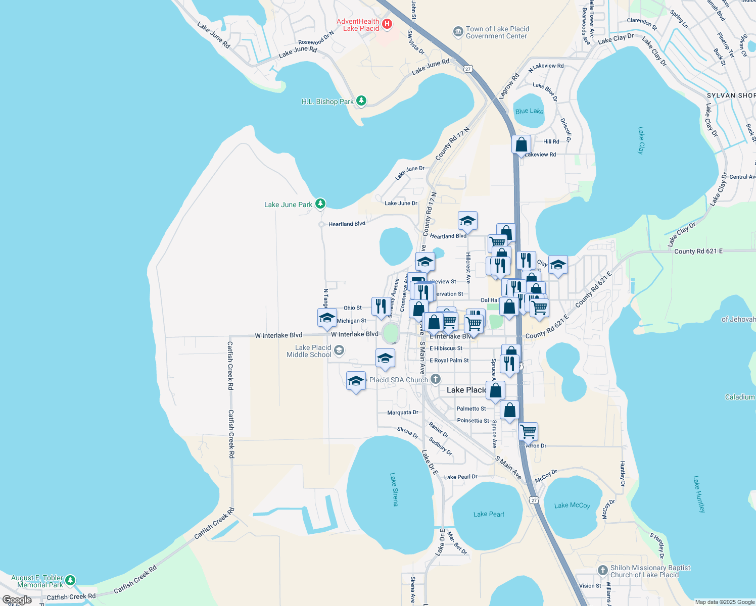 map of restaurants, bars, coffee shops, grocery stores, and more near 401 Ohio St in Lake Placid