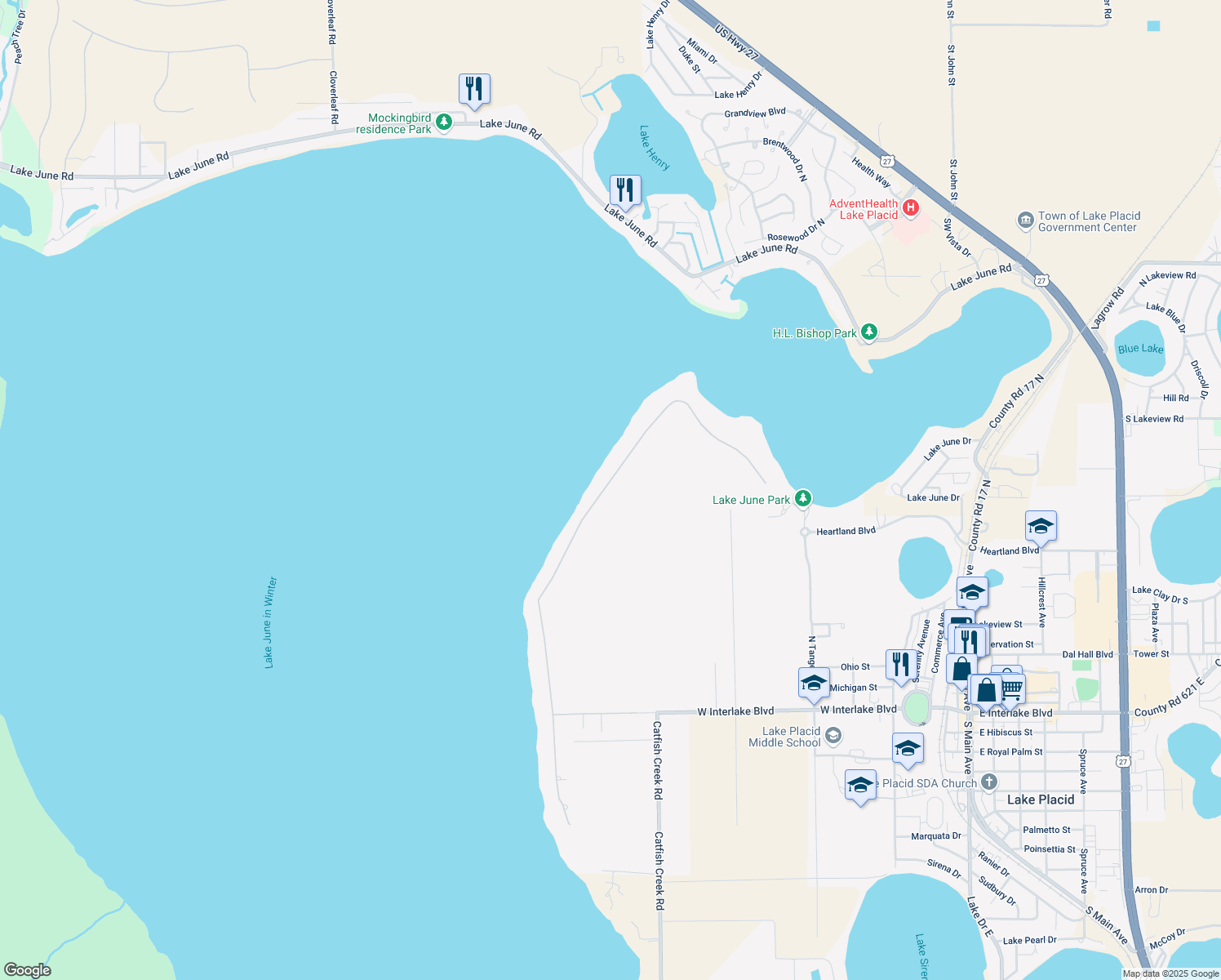 map of restaurants, bars, coffee shops, grocery stores, and more near 545 Sunset Pointe Drive in Lake Placid