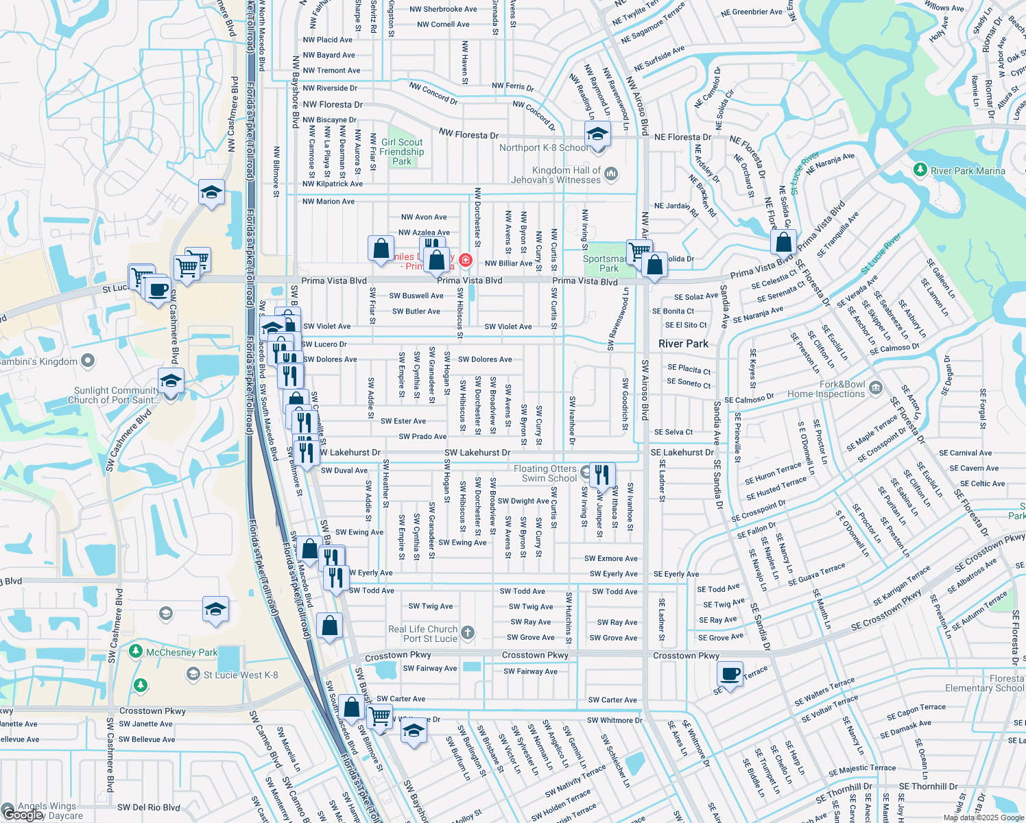 map of restaurants, bars, coffee shops, grocery stores, and more near 749 SW Avens St in Port St Lucie
