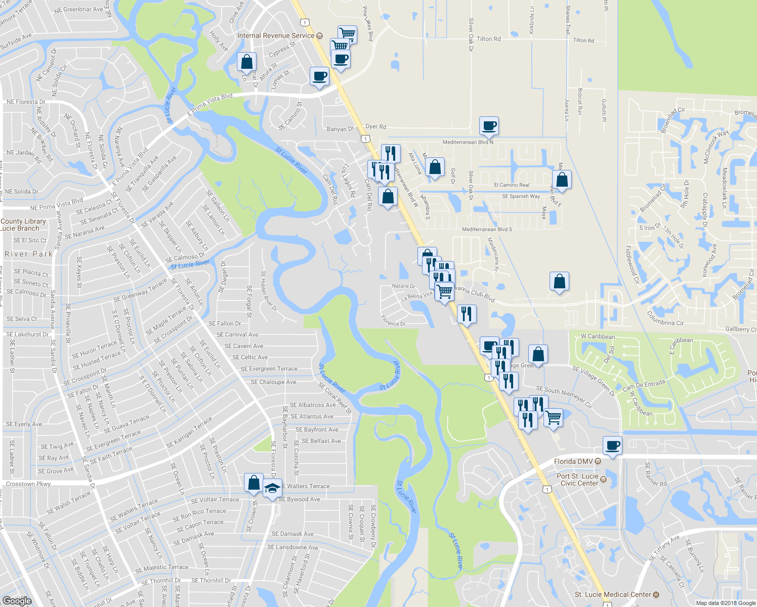 map of restaurants, bars, coffee shops, grocery stores, and more near 8511 Florence Drive in Port St. Lucie