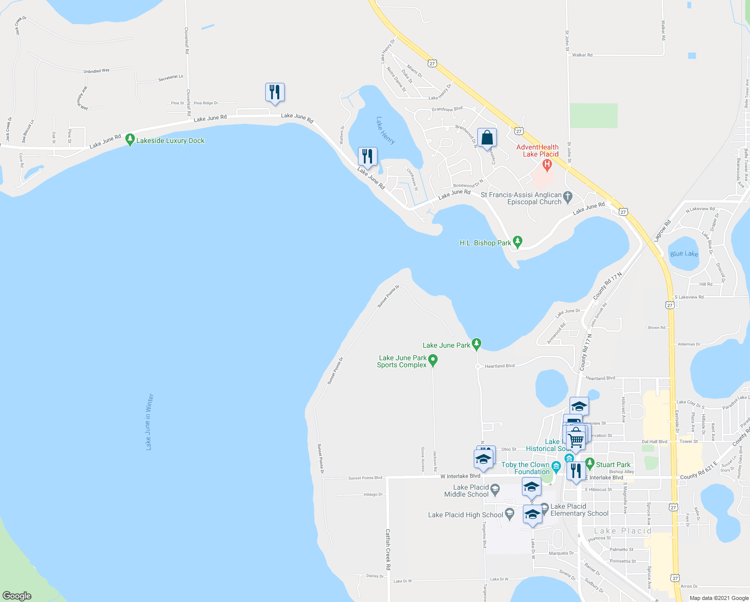 map of restaurants, bars, coffee shops, grocery stores, and more near 522 Sunset Pointe Drive in Lake Placid