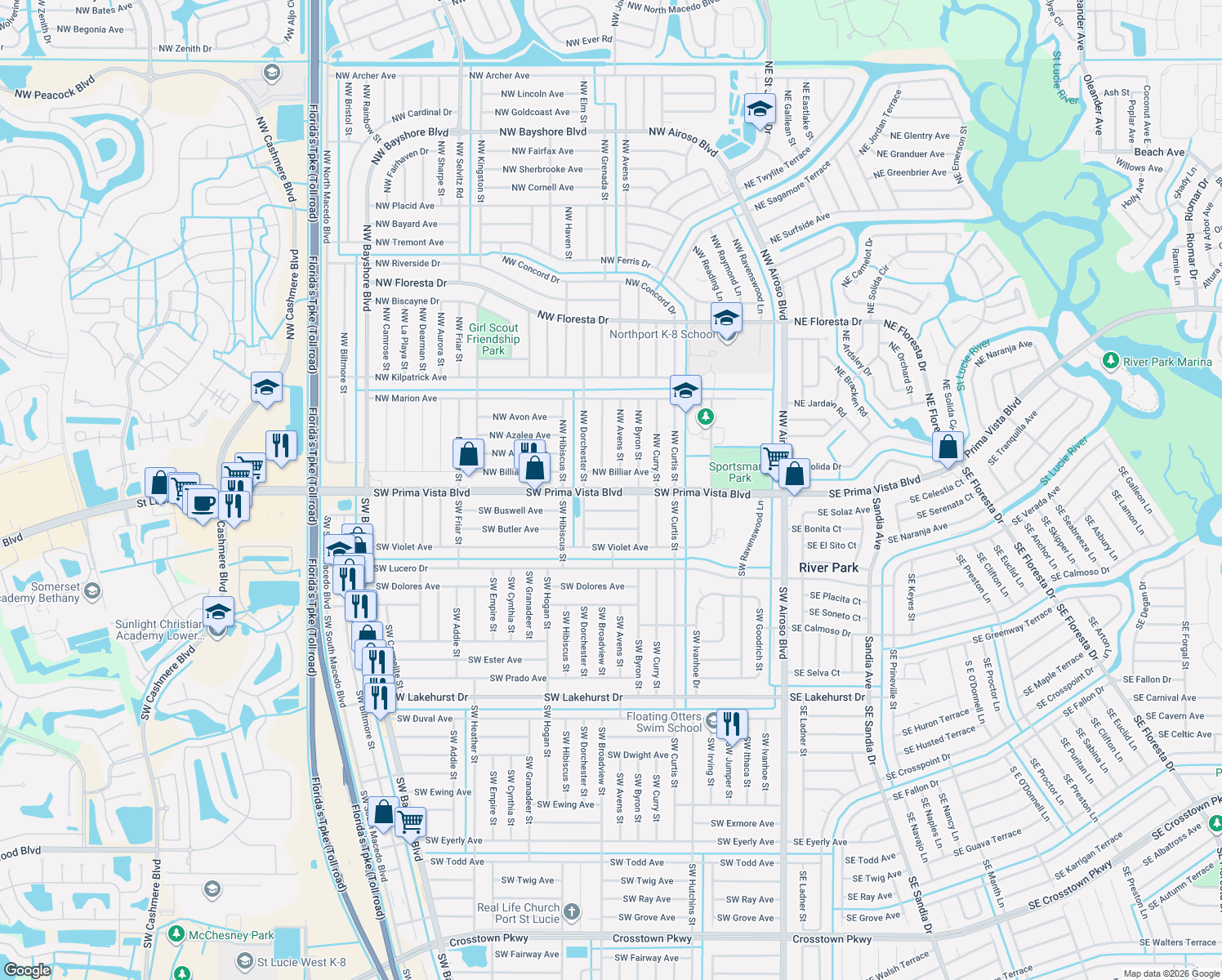 map of restaurants, bars, coffee shops, grocery stores, and more near 345 NW Prima Vista Blvd in Port St Lucie
