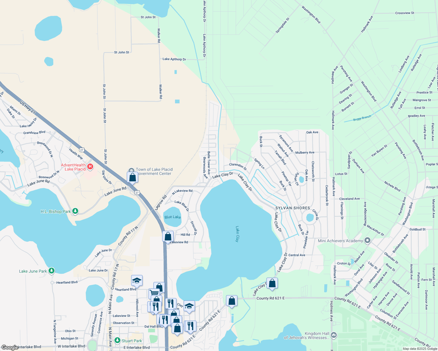 map of restaurants, bars, coffee shops, grocery stores, and more near 1499 Lake Clay Dr in Lake Placid
