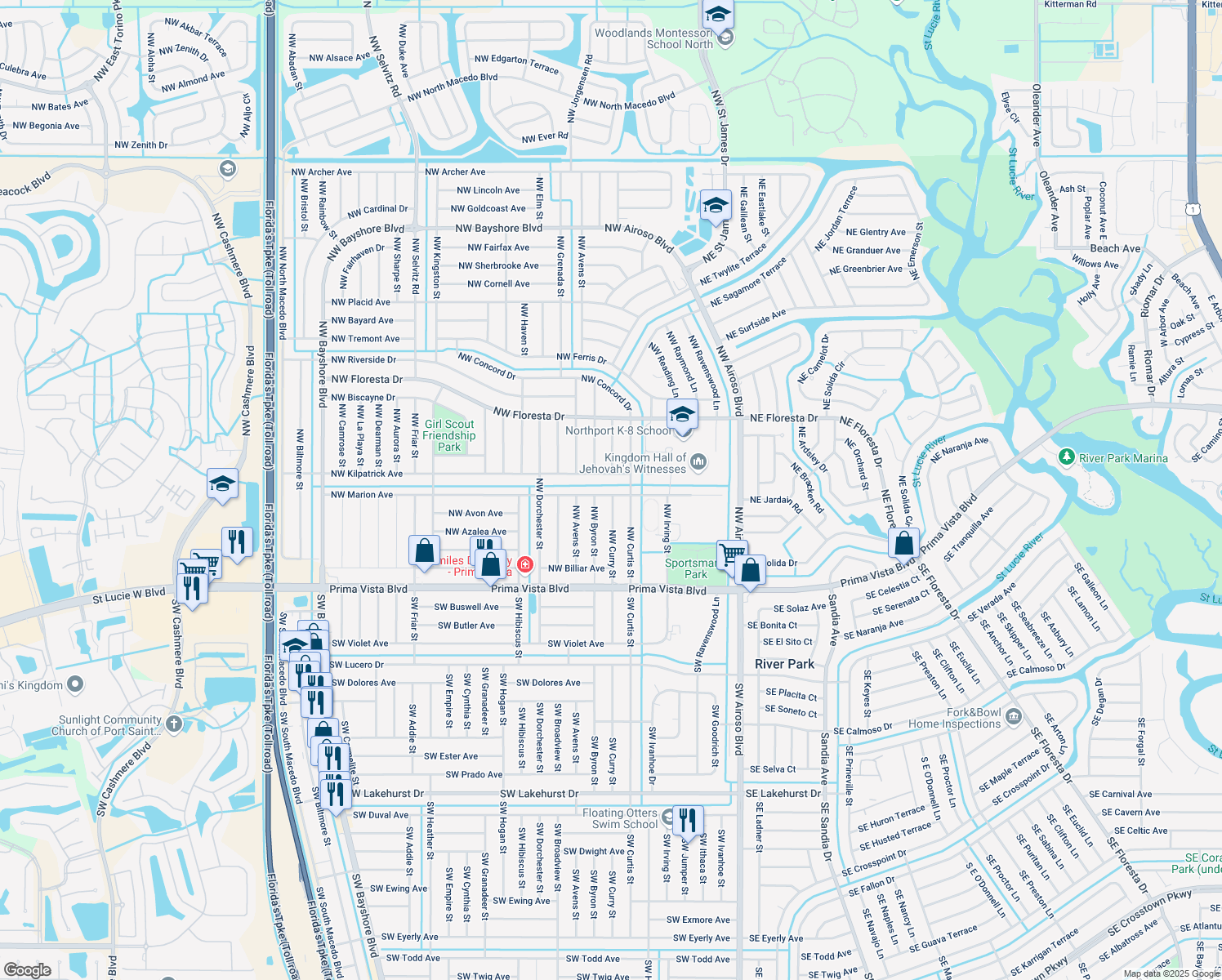 map of restaurants, bars, coffee shops, grocery stores, and more near 335 NW Marion Ave in Port St Lucie