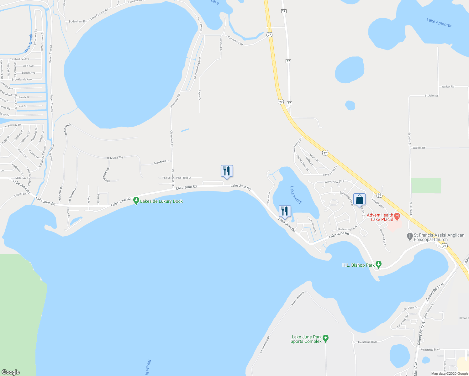 map of restaurants, bars, coffee shops, grocery stores, and more near 620 Lake June Road in Lake Placid