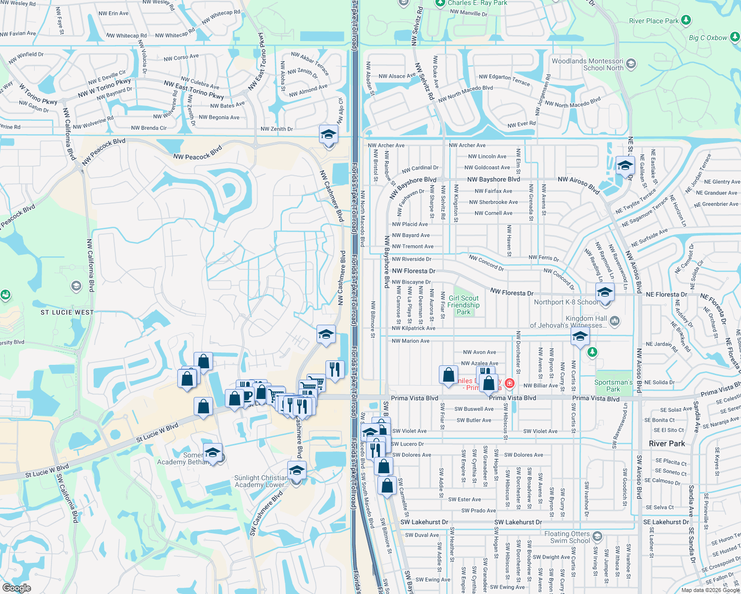 map of restaurants, bars, coffee shops, grocery stores, and more near 374 Northwest Biltmore Street in Port St. Lucie