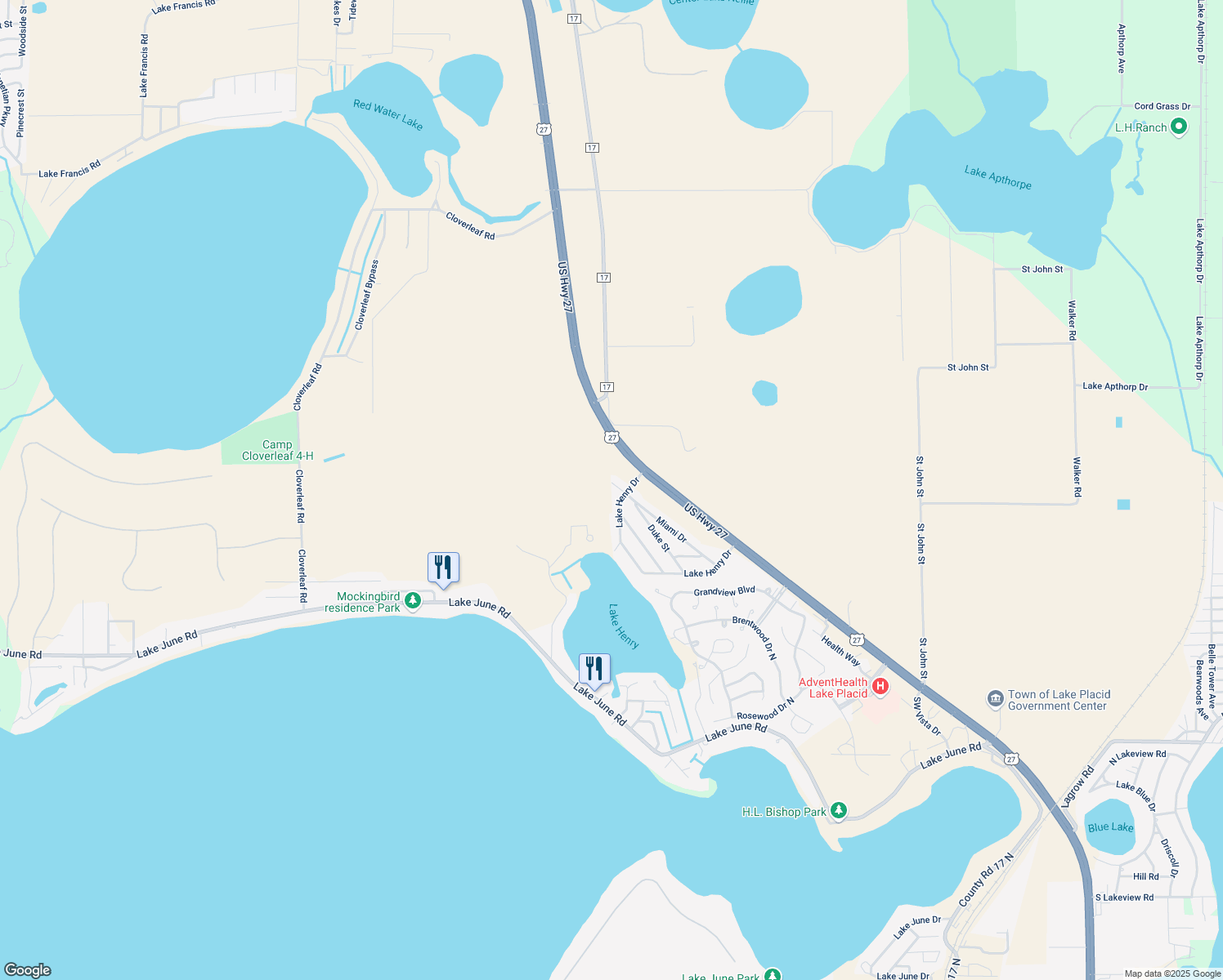 map of restaurants, bars, coffee shops, grocery stores, and more near 63 Miami Drive in Lake Placid