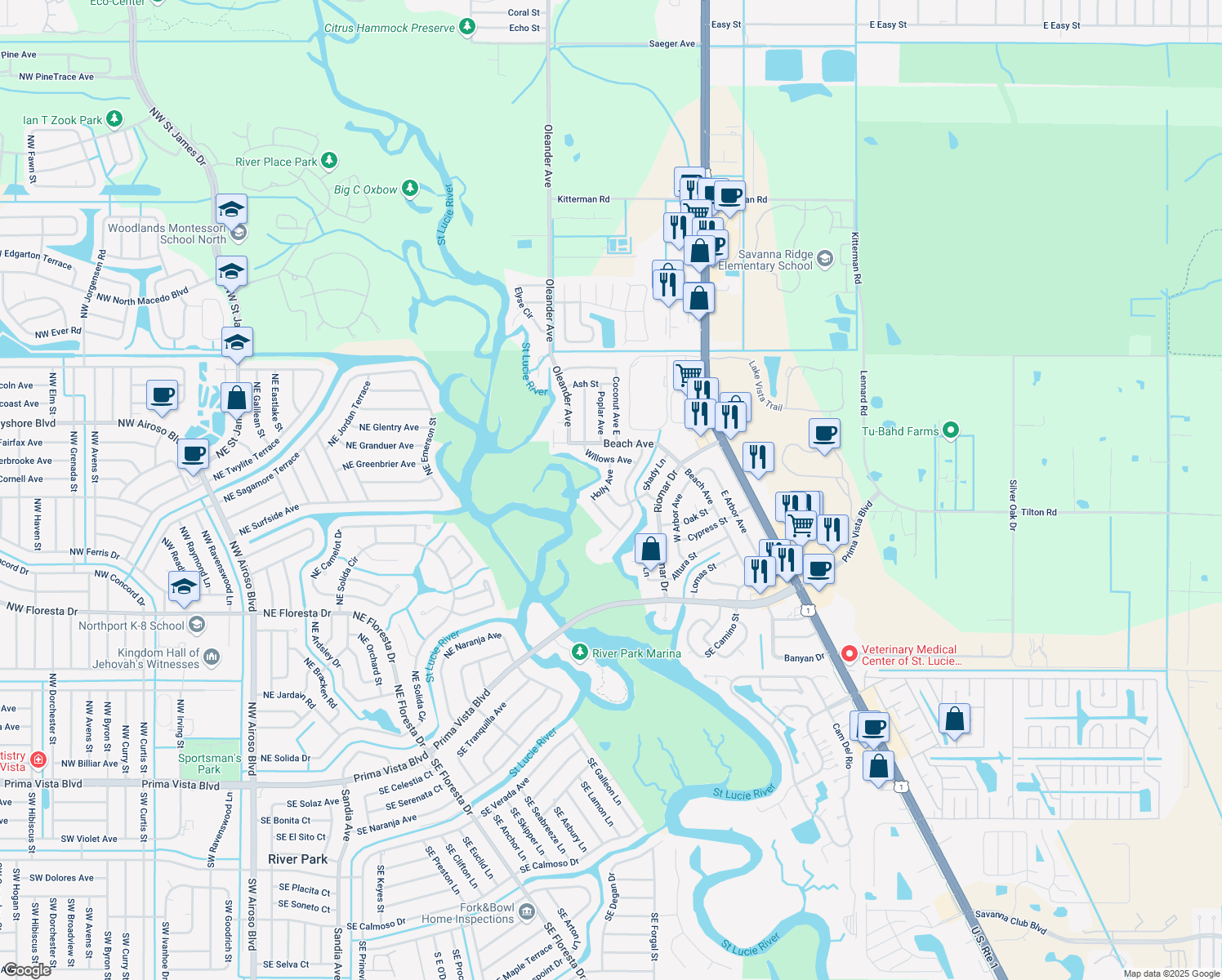 map of restaurants, bars, coffee shops, grocery stores, and more near 321 Holly Avenue in Port St. Lucie