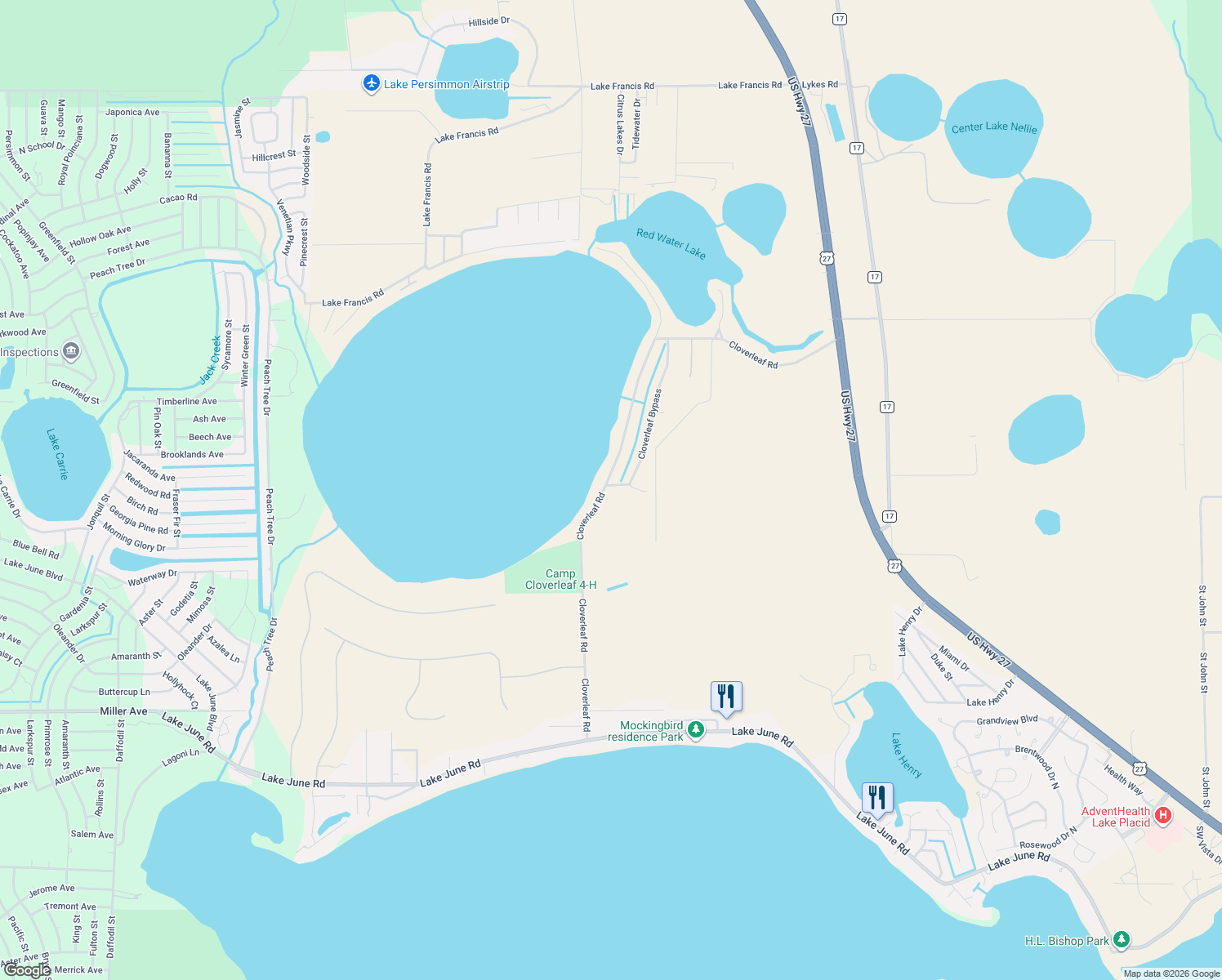 map of restaurants, bars, coffee shops, grocery stores, and more near 217 Cloverleaf Road in Lake Placid