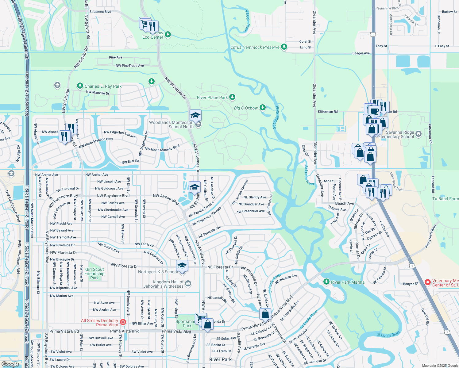 map of restaurants, bars, coffee shops, grocery stores, and more near 164 Northeast Twylite Terrace in Port St. Lucie