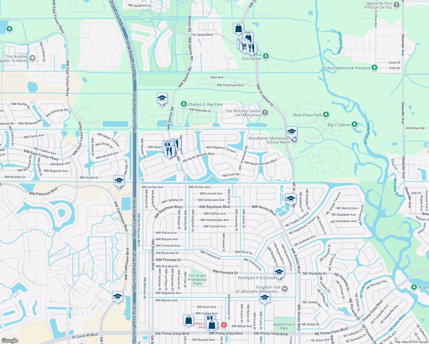 map of restaurants, bars, coffee shops, grocery stores, and more near 5192 Northwest Ever Road in Port St. Lucie