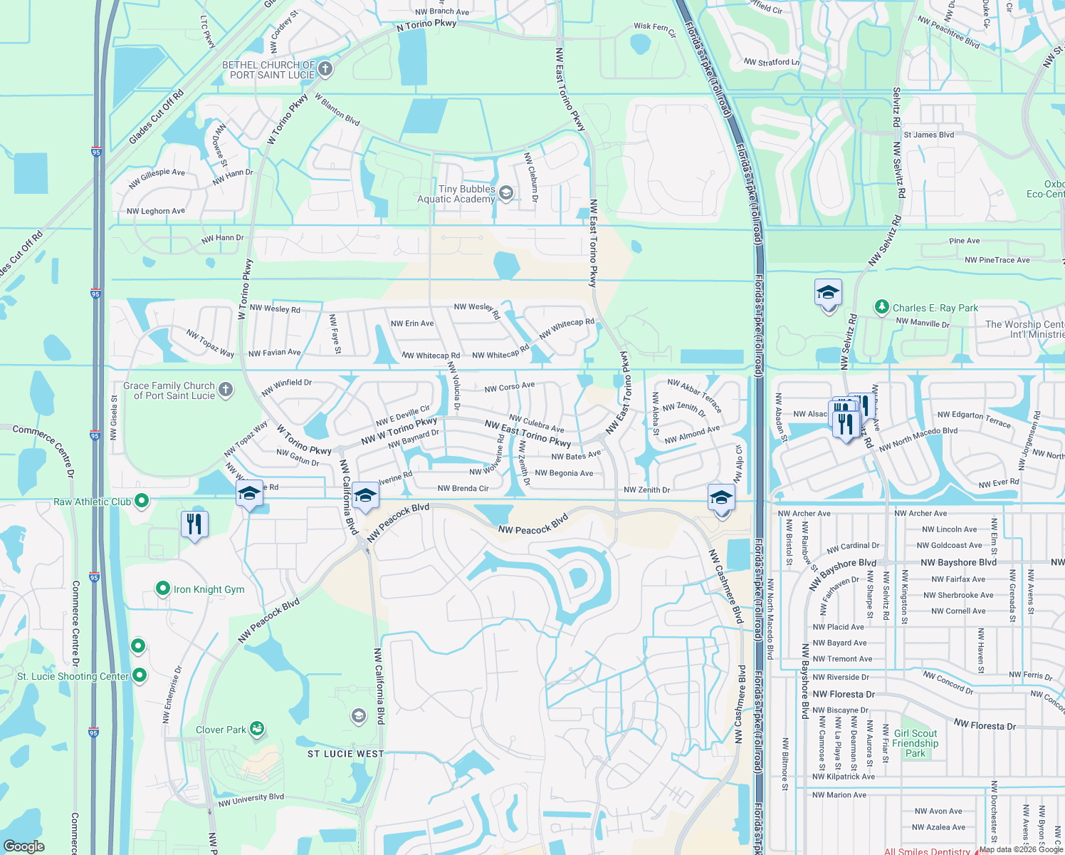 map of restaurants, bars, coffee shops, grocery stores, and more near 5920 Northwest Culebra Avenue in Port St. Lucie