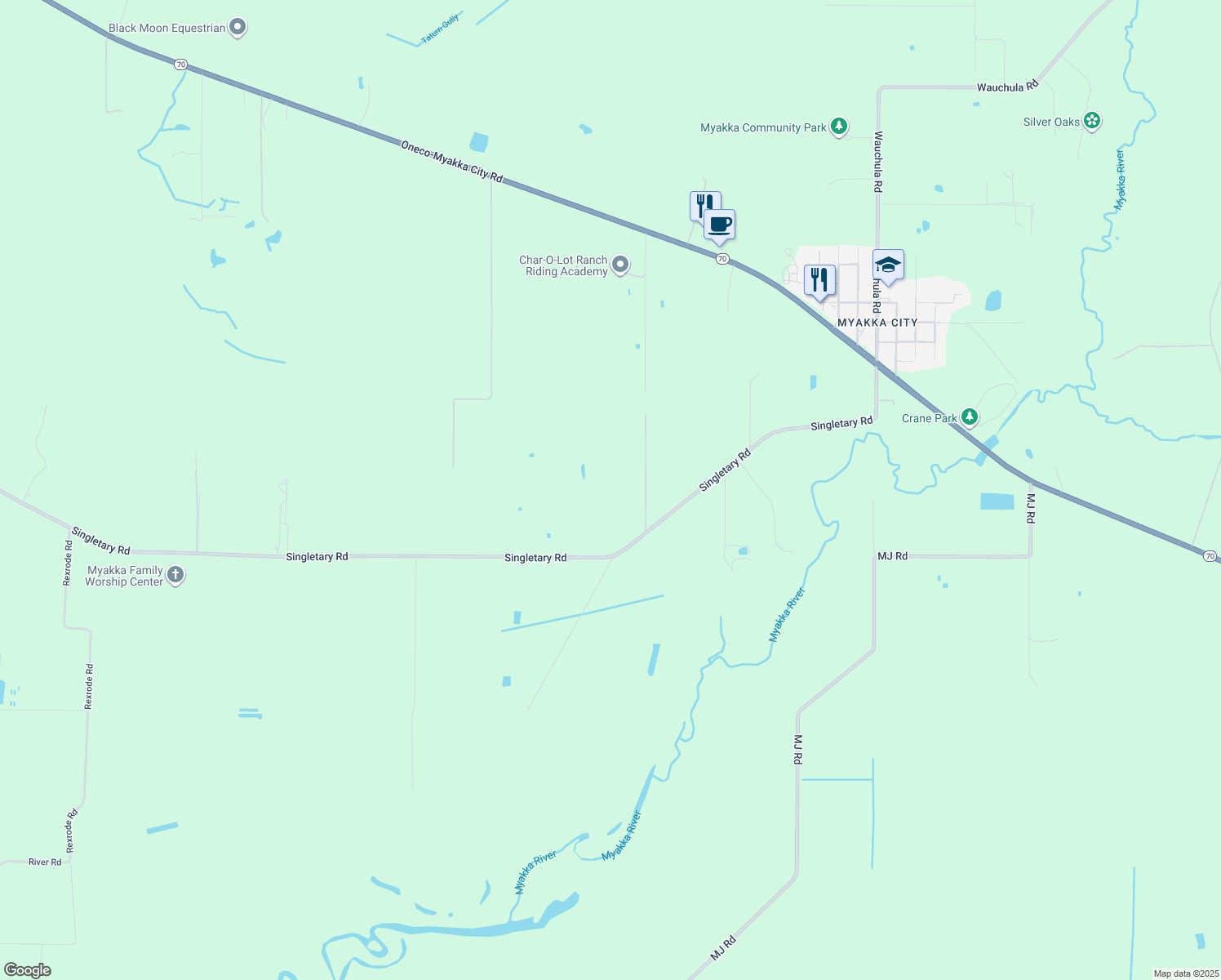 map of restaurants, bars, coffee shops, grocery stores, and more near 35851 Singletary Road in Myakka City